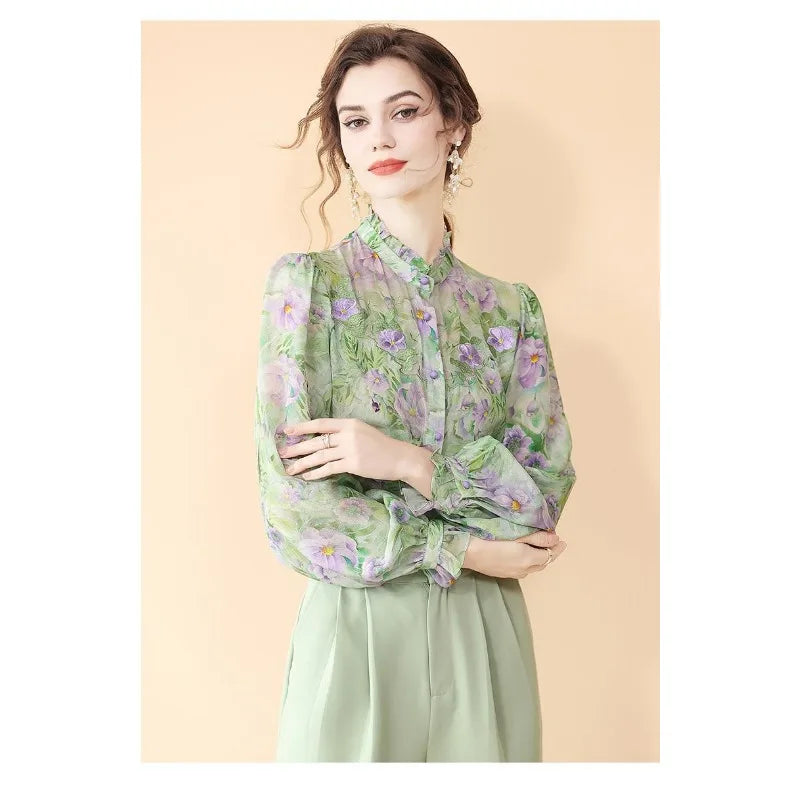 Fashion for Women Spring and Autumn New Korean Floral Tops French Fungus Collar Outer Shirts