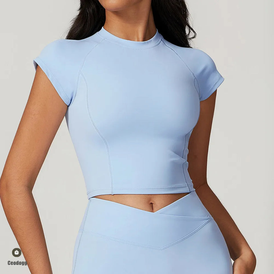 Sports T-shirt Women Fitness Top Short Sleeves Yoga Dance Clothes High Elastic Running Shirts Gym Push Up Workout Top Tee XP199