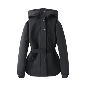 2025 fashionable women's clothing with European and American style design featuring a cinched waisthooded skiing and warm co