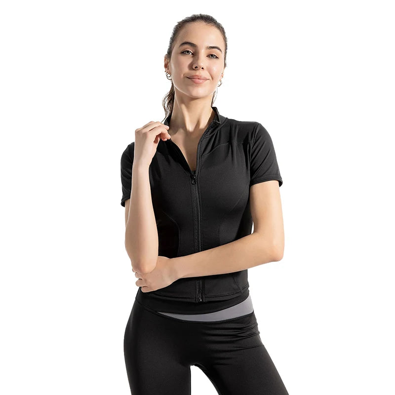 Women Sport T Shirts Slim Fit Quick-drying Full Zip Tops Outdoor Fitness Running Tights Short Sleeves Women's Yoga Wear