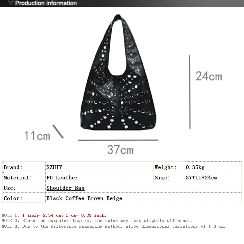 Fashion Women Shoulder Bag Designer Luxury Rivet Tote Bag Office Large Capacity Tote Girls Punk Style Main Bolsos Para Mujeres