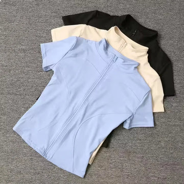 Women Sport T Shirts Slim Fit Quick-drying Full Zip Tops Outdoor Fitness Running Tights Short Sleeves Women's Yoga Wear