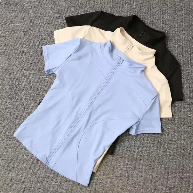 Women Sport T Shirts Slim Fit Quick-drying Full Zip Tops Outdoor Fitness Running Tights Short Sleeves Women's Yoga Wear