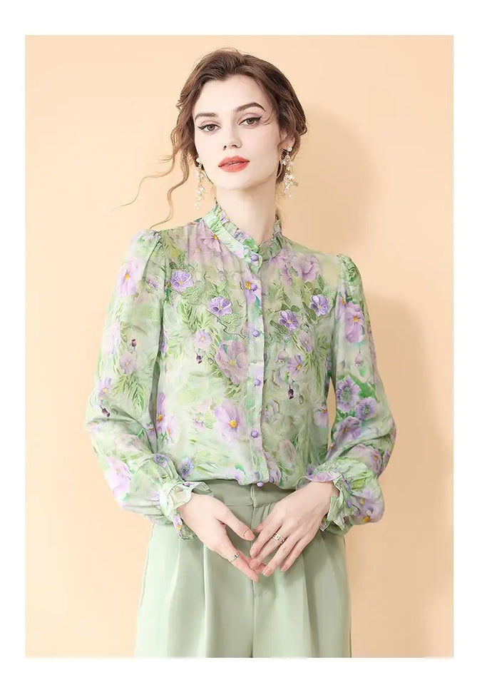 Fashion for Women Spring and Autumn New Korean Floral Tops French Fungus Collar Outer Shirts
