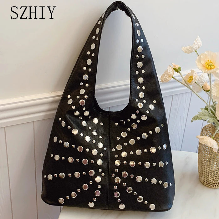 Fashion Women Shoulder Bag Designer Luxury Rivet Tote Bag Office Large Capacity Tote Girls Punk Style Main Bolsos Para Mujeres