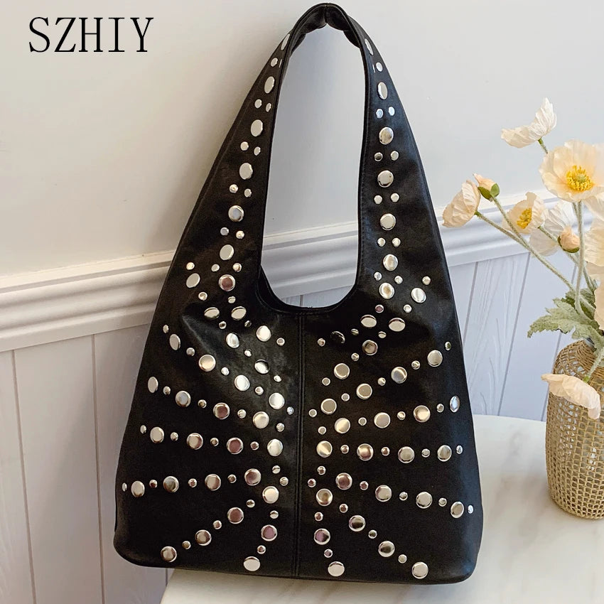 Fashion Women Shoulder Bag Designer Luxury Rivet Tote Bag Office Large Capacity Tote Girls Punk Style Main Bolsos Para Mujeres