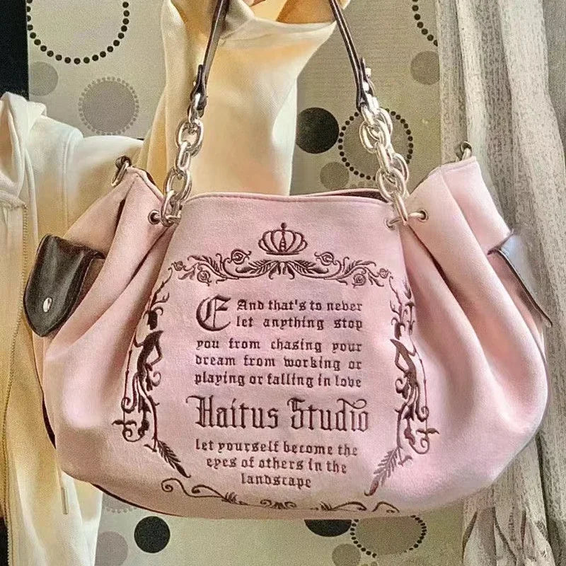 Embroidery Letter Tot Bag Women New In Large Capacity Retro Gothic Handbag Free Shiping Niche Desing Brand Soft Crossbody Bag