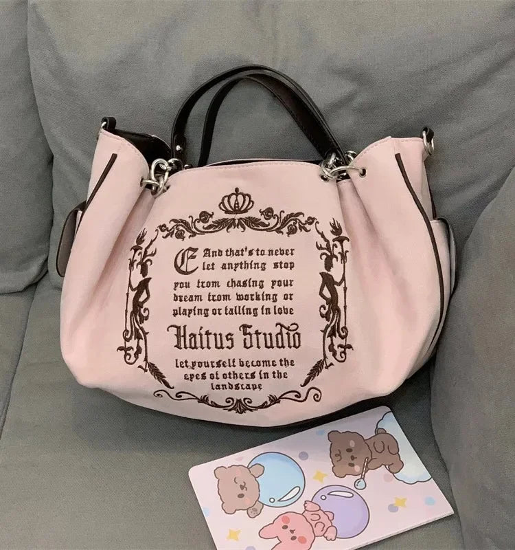 Embroidery Letter Tot Bag Women New In Large Capacity Retro Gothic Handbag Free Shiping Niche Desing Brand Soft Crossbody Bag