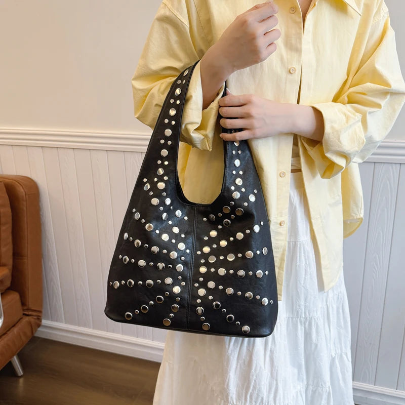 Fashion Women Shoulder Bag Designer Luxury Rivet Tote Bag Office Large Capacity Tote Girls Punk Style Main Bolsos Para Mujeres