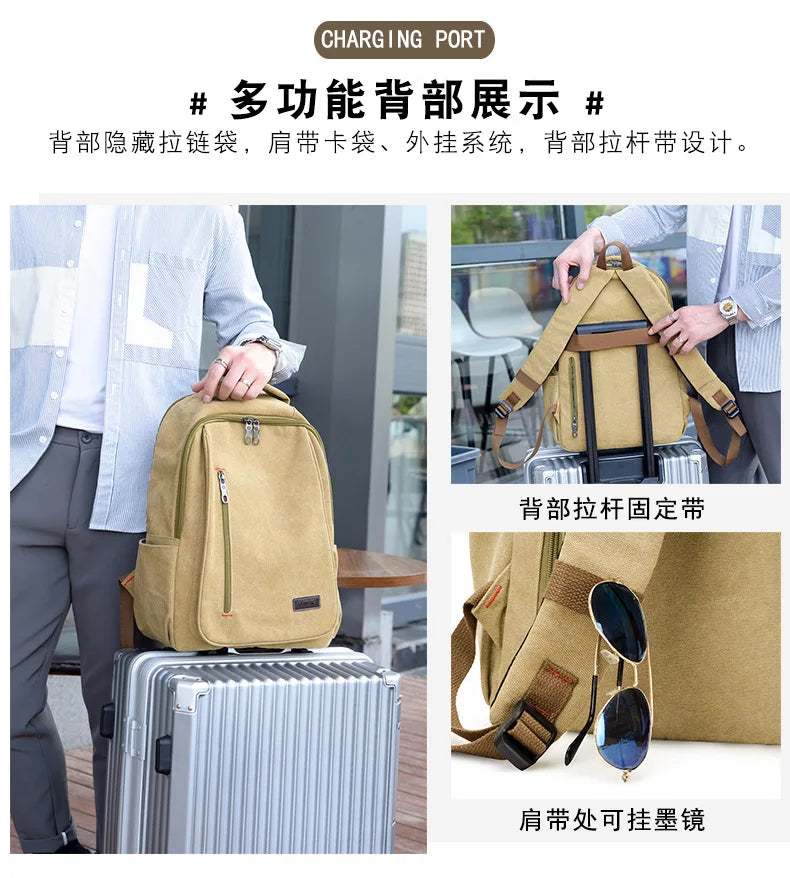 Men's Canvas Backpack Simple Casual Unisex Travel Backpack Schoolbag Large Capacity Ins Wind Laptop Computer Backpack