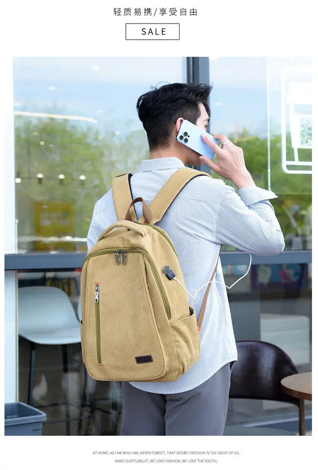 Men's Canvas Backpack Simple Casual Unisex Travel Backpack Schoolbag Large Capacity Ins Wind Laptop Computer Backpack
