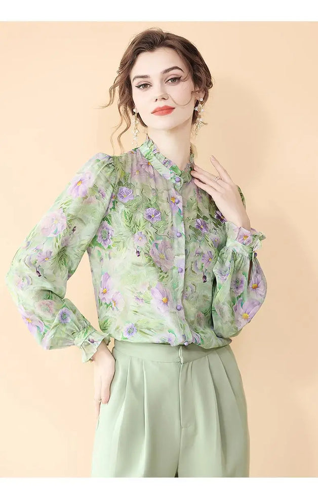 Fashion for Women Spring and Autumn New Korean Floral Tops French Fungus Collar Outer Shirts