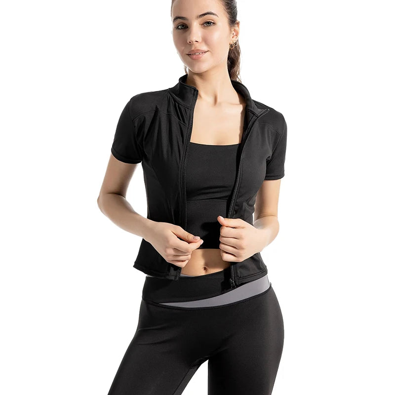 Women Sport T Shirts Slim Fit Quick-drying Full Zip Tops Outdoor Fitness Running Tights Short Sleeves Women's Yoga Wear