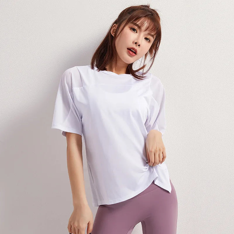 Summer Fitness Sports T-shirt Tops Women Outdoor Sports Loose Short Sleeve Stitching Gym Running Female Quick Drying Breathable