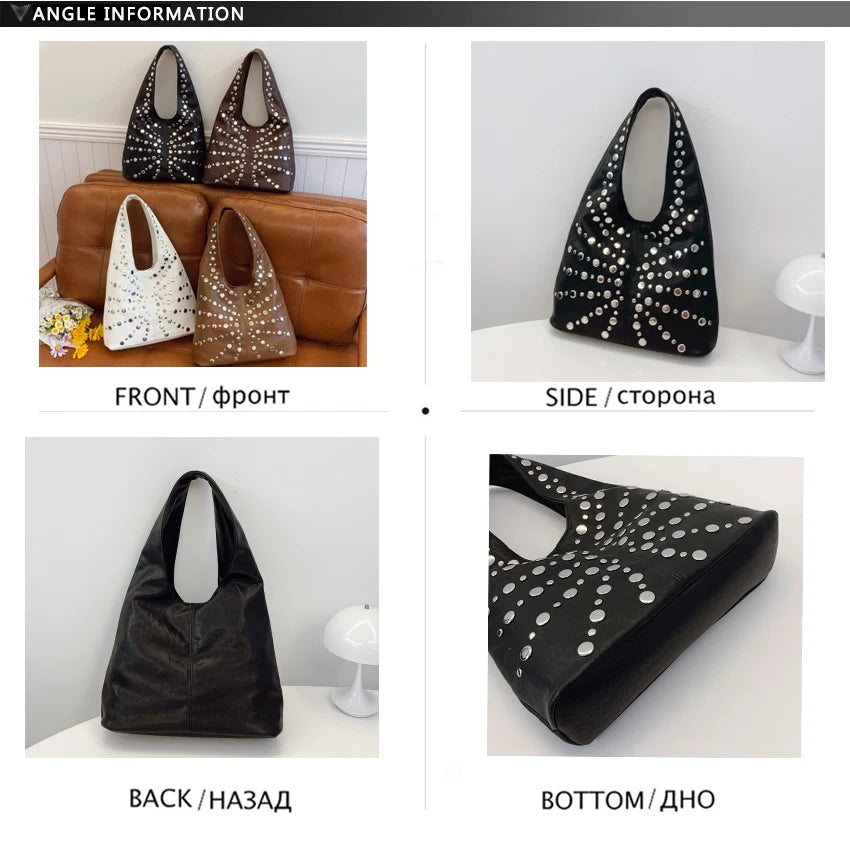 Fashion Women Shoulder Bag Designer Luxury Rivet Tote Bag Office Large Capacity Tote Girls Punk Style Main Bolsos Para Mujeres