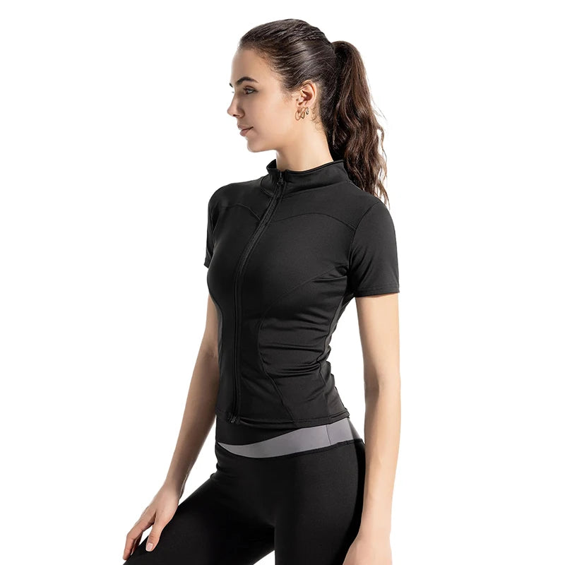 Women Sport T Shirts Slim Fit Quick-drying Full Zip Tops Outdoor Fitness Running Tights Short Sleeves Women's Yoga Wear