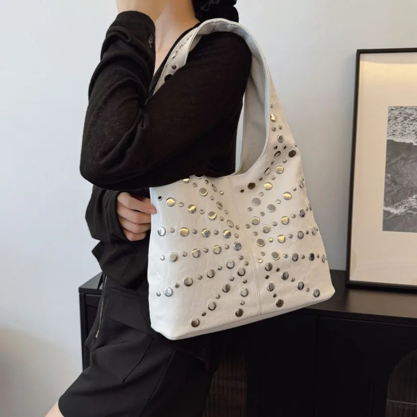 Fashion Women Shoulder Bag Designer Luxury Rivet Tote Bag Office Large Capacity Tote Girls Punk Style Main Bolsos Para Mujeres
