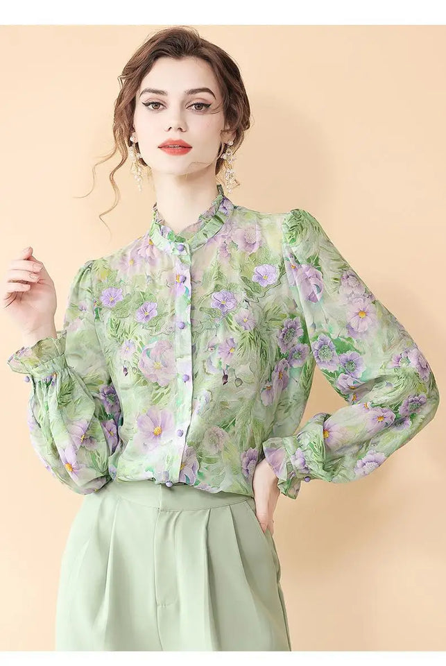 Fashion for Women Spring and Autumn New Korean Floral Tops French Fungus Collar Outer Shirts