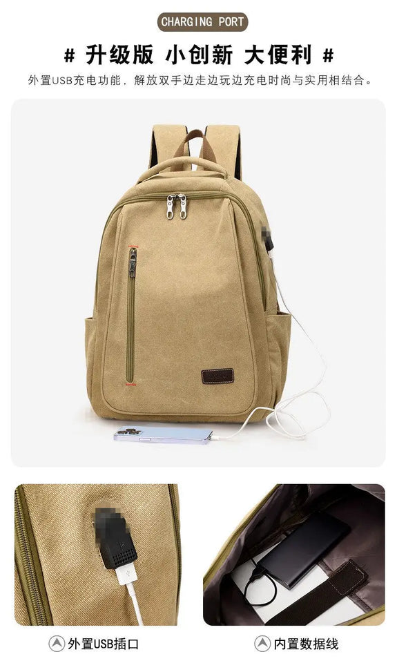Men's Canvas Backpack Simple Casual Unisex Travel Backpack Schoolbag Large Capacity Ins Wind Laptop Computer Backpack