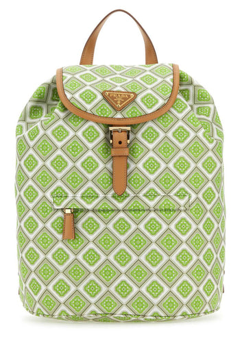 Prada Printed Re-Nylon Backpack Green & White with Leather Trim