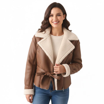 Women's Leather Jacket with Fur Collar and Belt – Comfort, Warmth, and Street Style Elegance